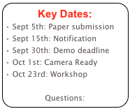 Key Dates:
 Sept 5th: Paper submission
 Sept 15th: Notification
 Sept 30th: Demo deadline
 Oct 1st: Camera Ready
 Oct 23rd: Workshop

Questions:
vahc2011@gmail.com